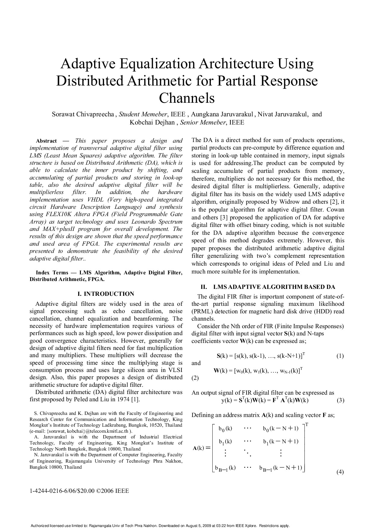 Adaptive Equalization Architecture Using Distributed Arithmetic for Partial Response Channels