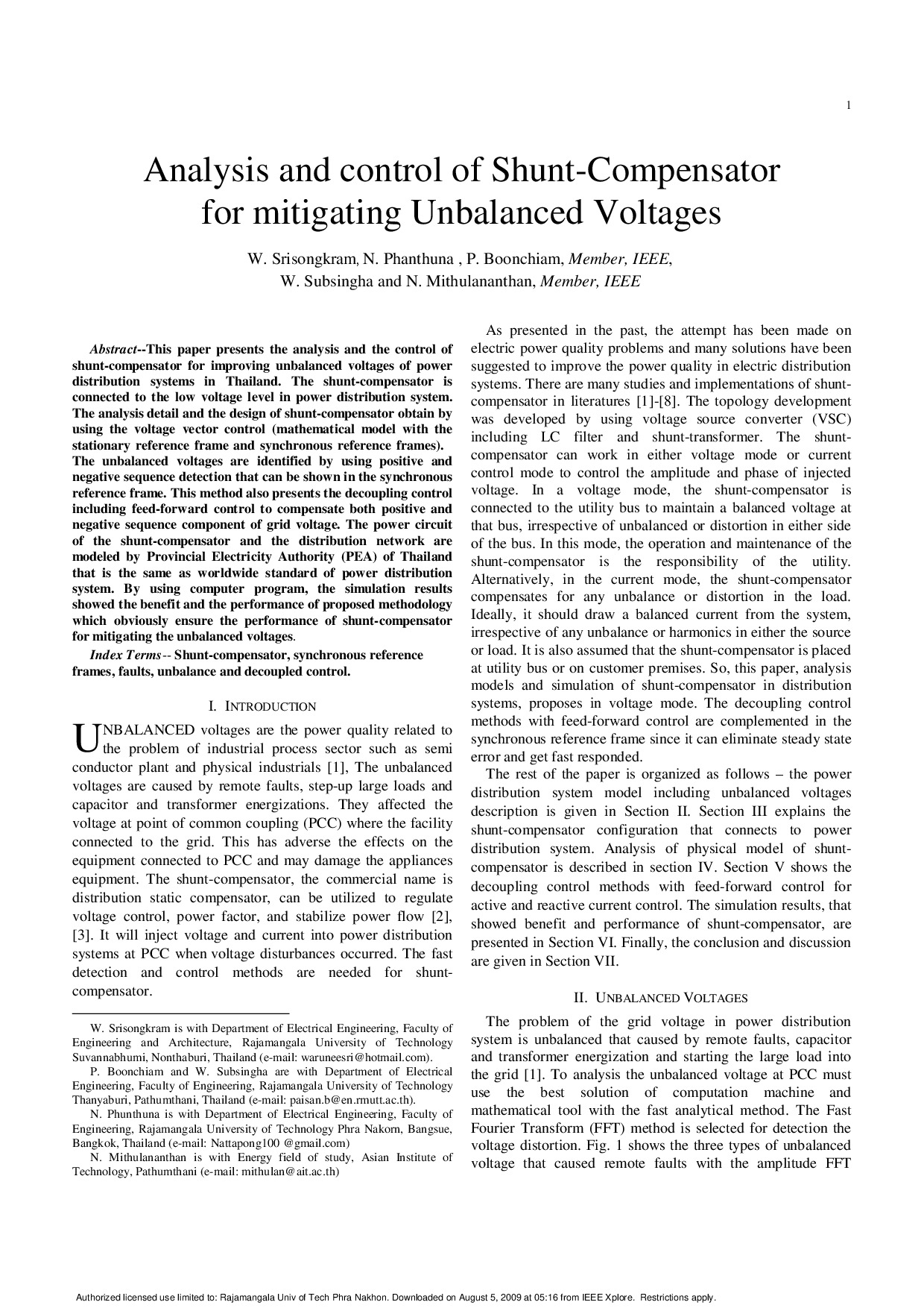 Analysis and control of Shunt-Compensator for mitigating Unbalanced Voltages