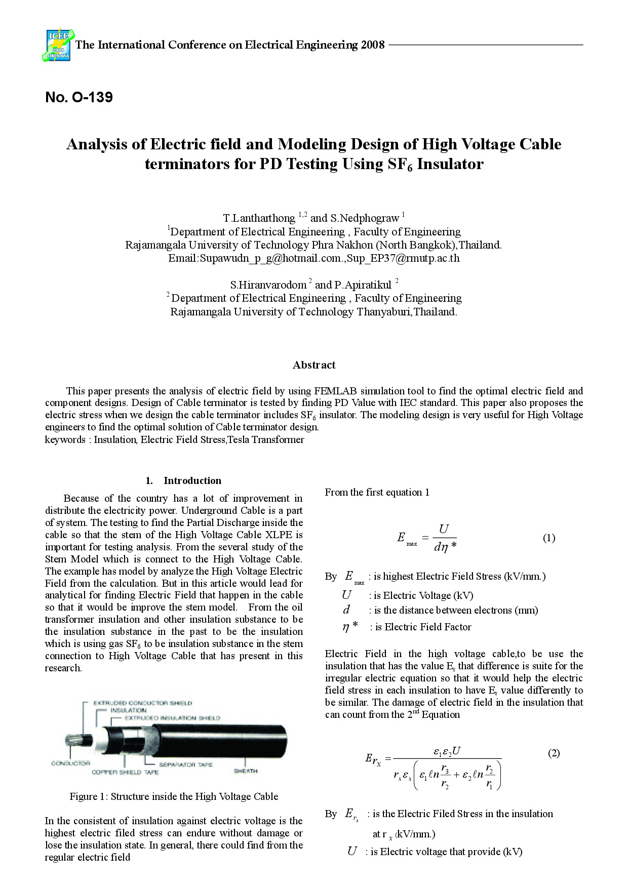 Analysis of Electric field and Modeling Design of High Voltage Cable terminators for PD Testing Using SF6 Insulator
