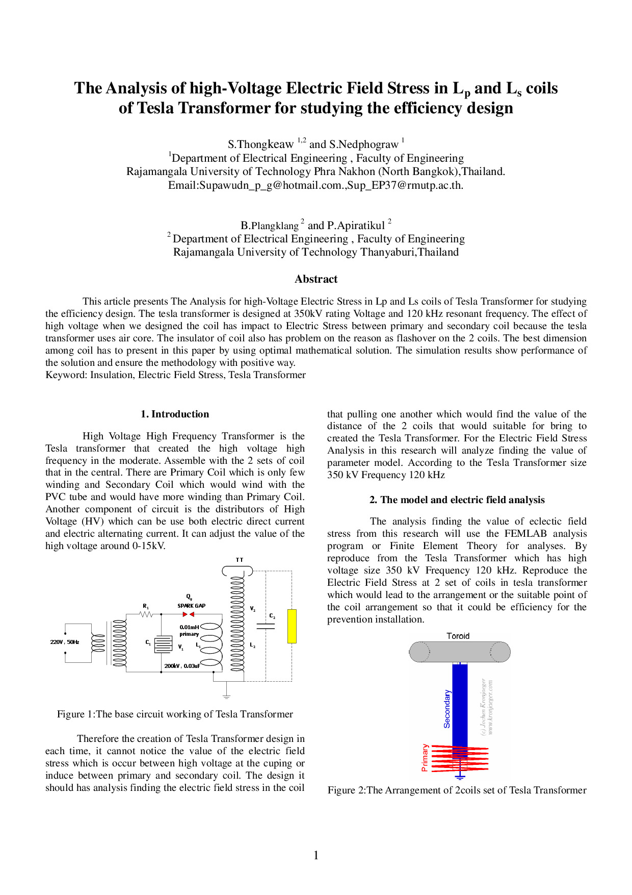 The Analysis of high-Voltage Electric Field Stress in Lp and Ls coils of Tesla Transformer for studying the efficiency design