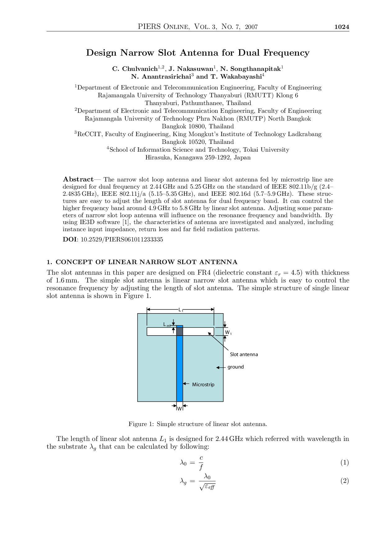 Design Narrow Slot Antenna for Dual Frequency