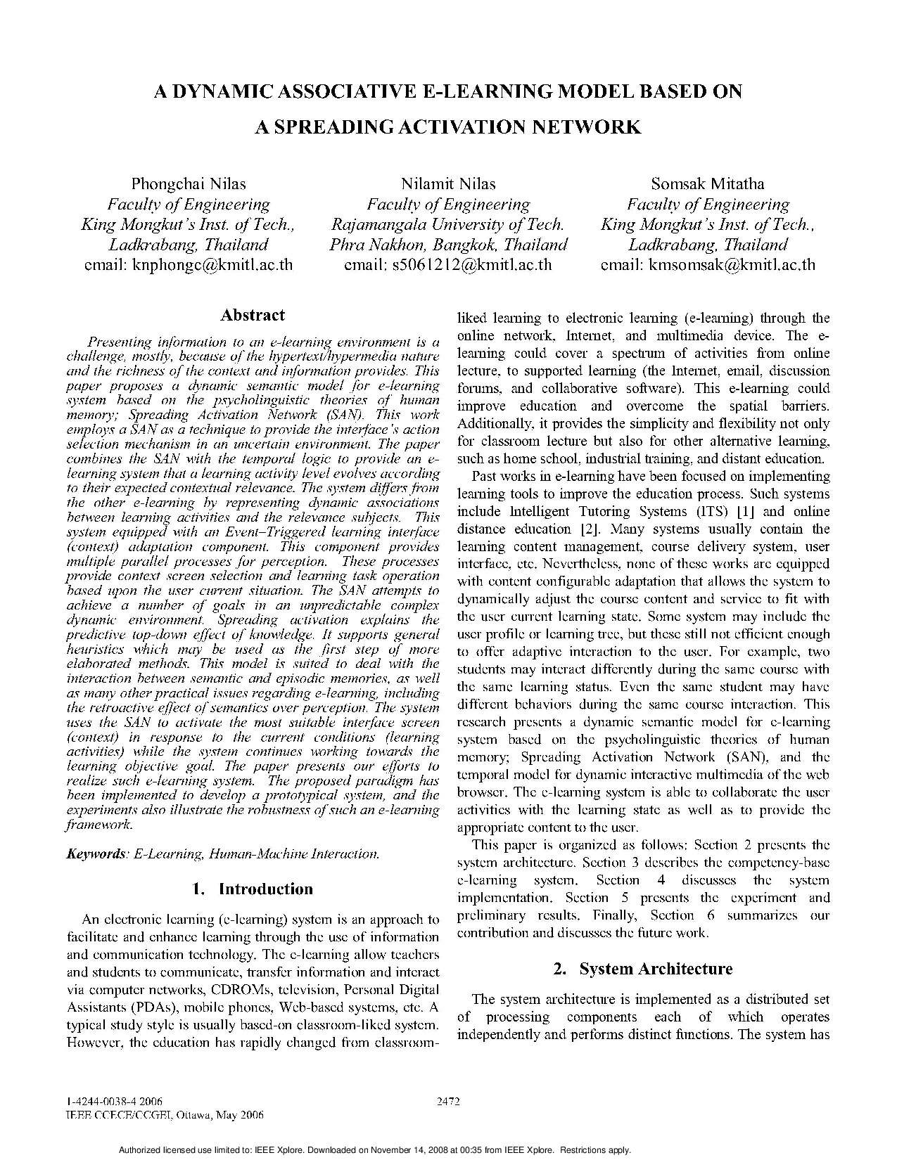A Dynamic Associative e-learning model based on a spreading activation network