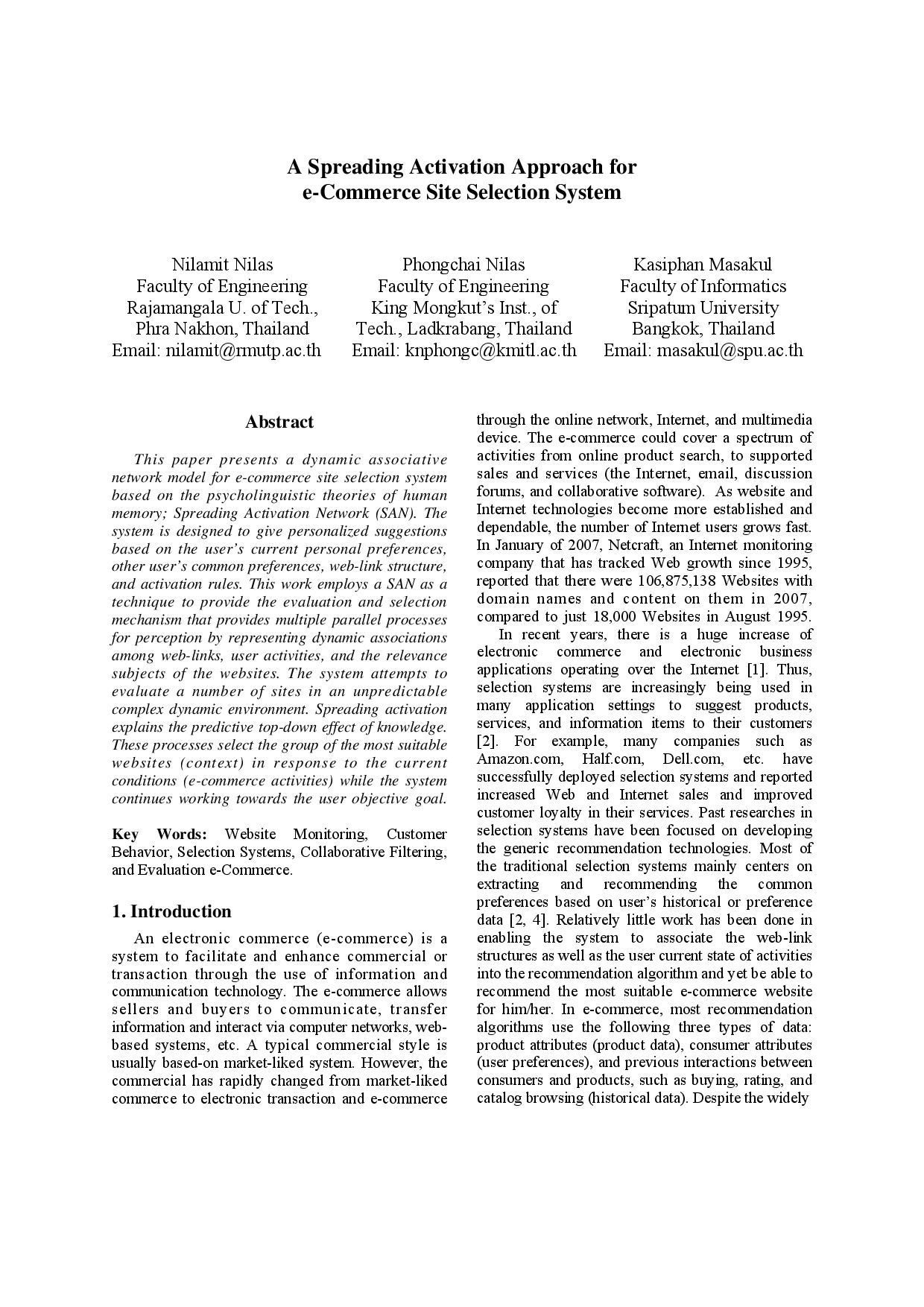 A Spreading Activation Approach for e-Commerce Site Selection System