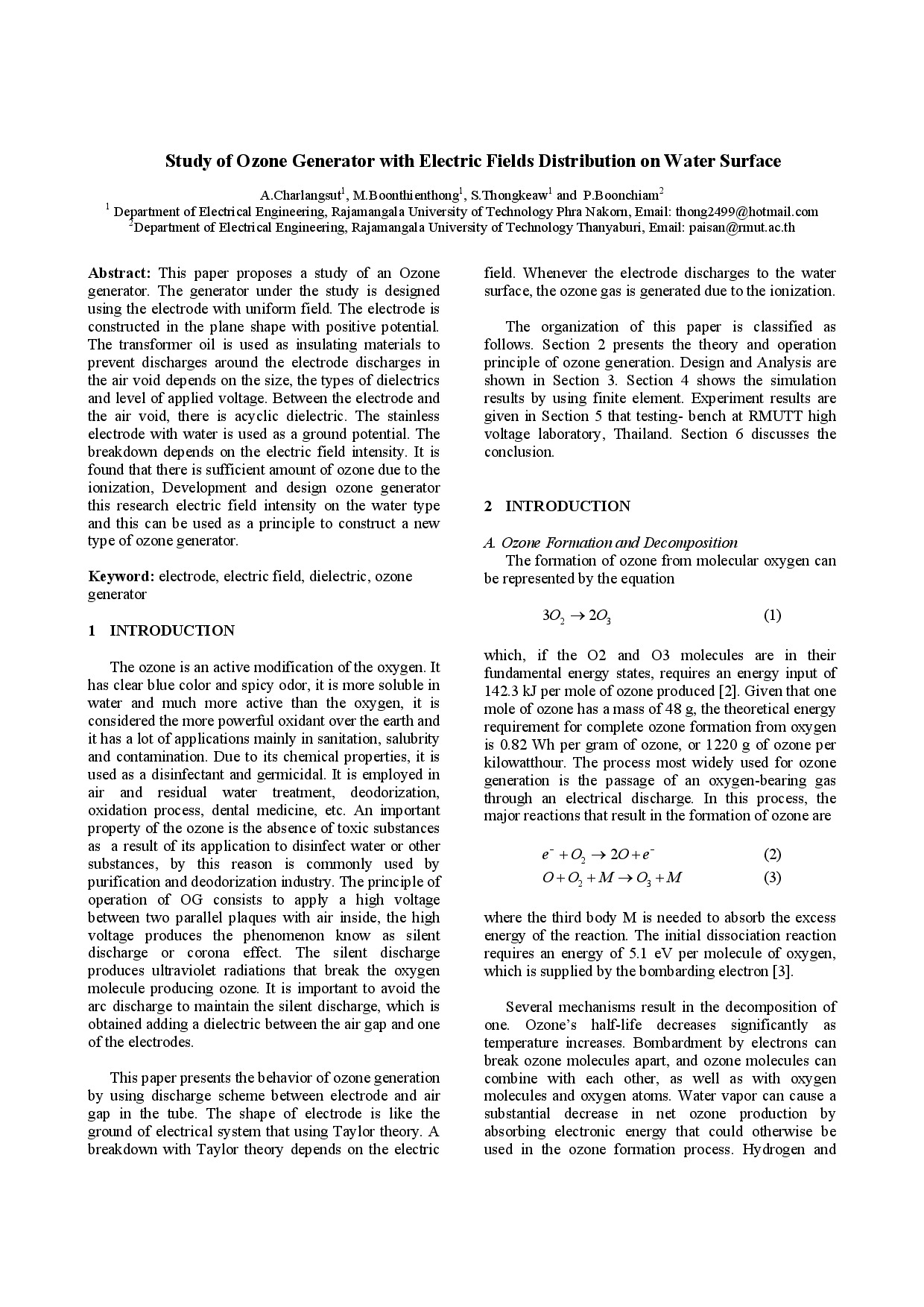 Study of Ozone Generator with Electric Fields Distribution on Water Surface