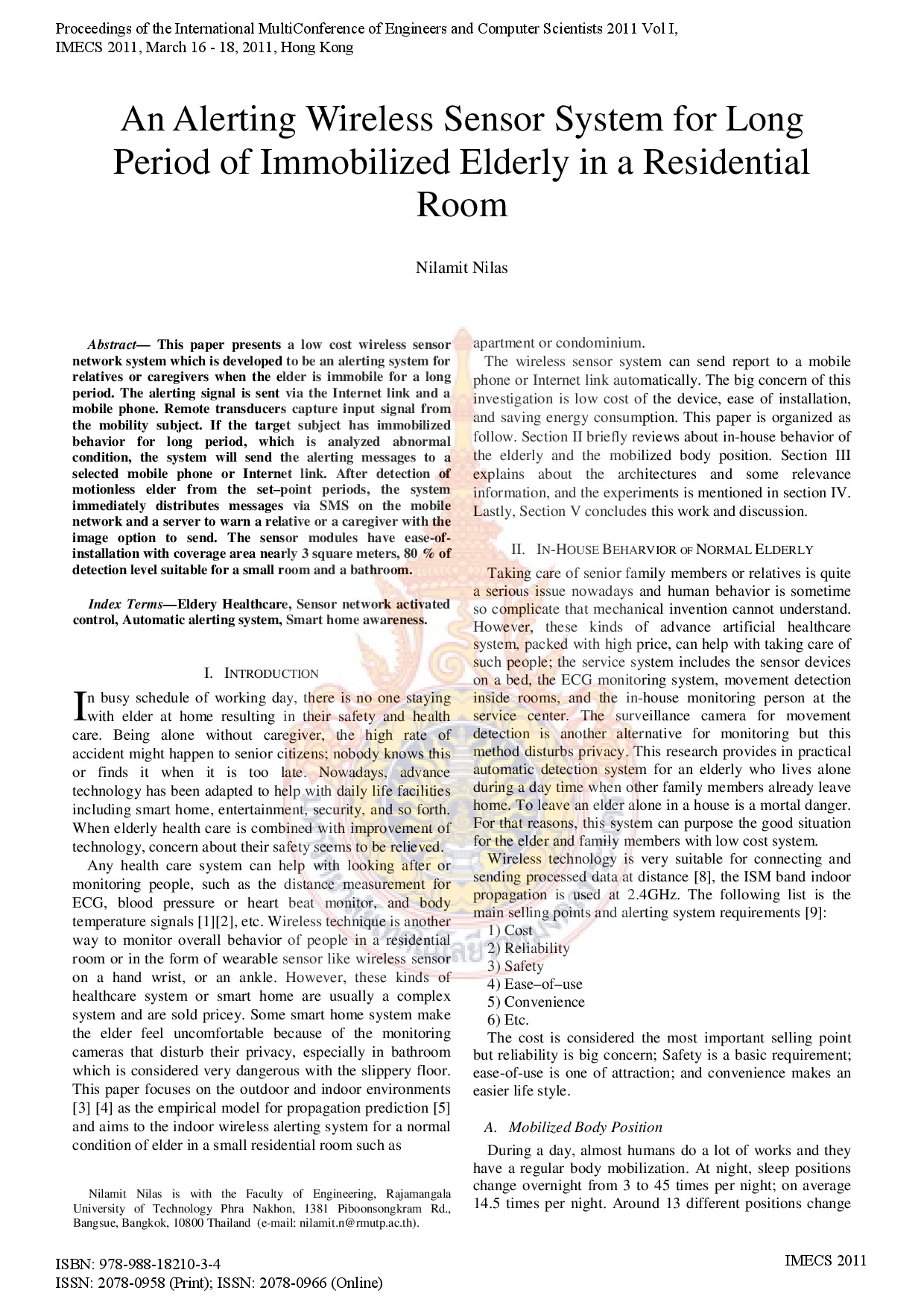 An Alerting Wireless Sensor System for Long Period of Immobilized Elderly in a Residential Room