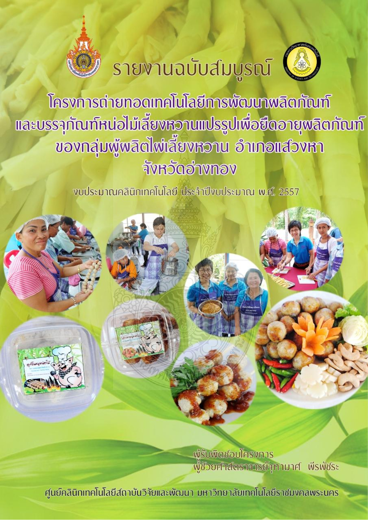 โครงการการถ่ายทอดเทคโนโลยีการพัฒนาผลิตภัณฑ์และบรรจุภัณฑ์หน่อไม้เลี้ยงหวานแปรรูปเพื่อยืดอายุผลิตภัณฑ์ของกลุ่มผู้ผลิตไผ่เลี้ยงหวาน  อำเภอแสวงหา จังหวัดอ่างทอง (งบประมาณตามโครงการคลินิกเทคโนโลยี ประจำปีงบประมาณ พ.ศ. 2557)
