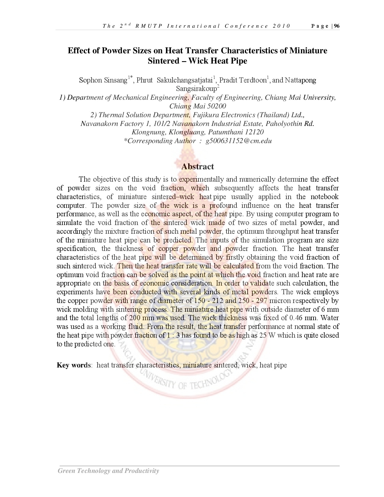 Effect of Powder Sizes on Heat Transfer Characteristics of Miniature Sintered – Wick Heat Pipe