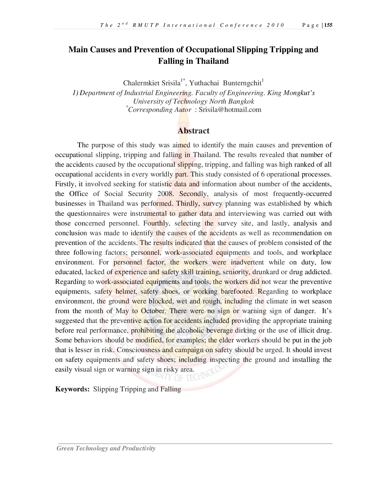 Main Causes and Prevention of Occupational Slipping Tripping and Falling in Thailand