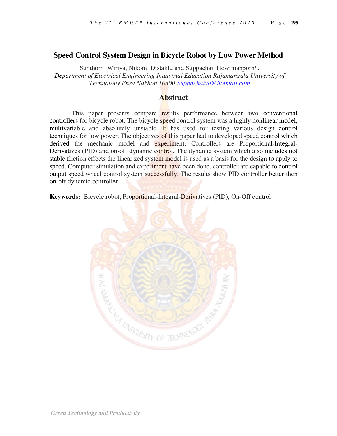 Speed Control System Design in Bicycle Robot by Low Power Method