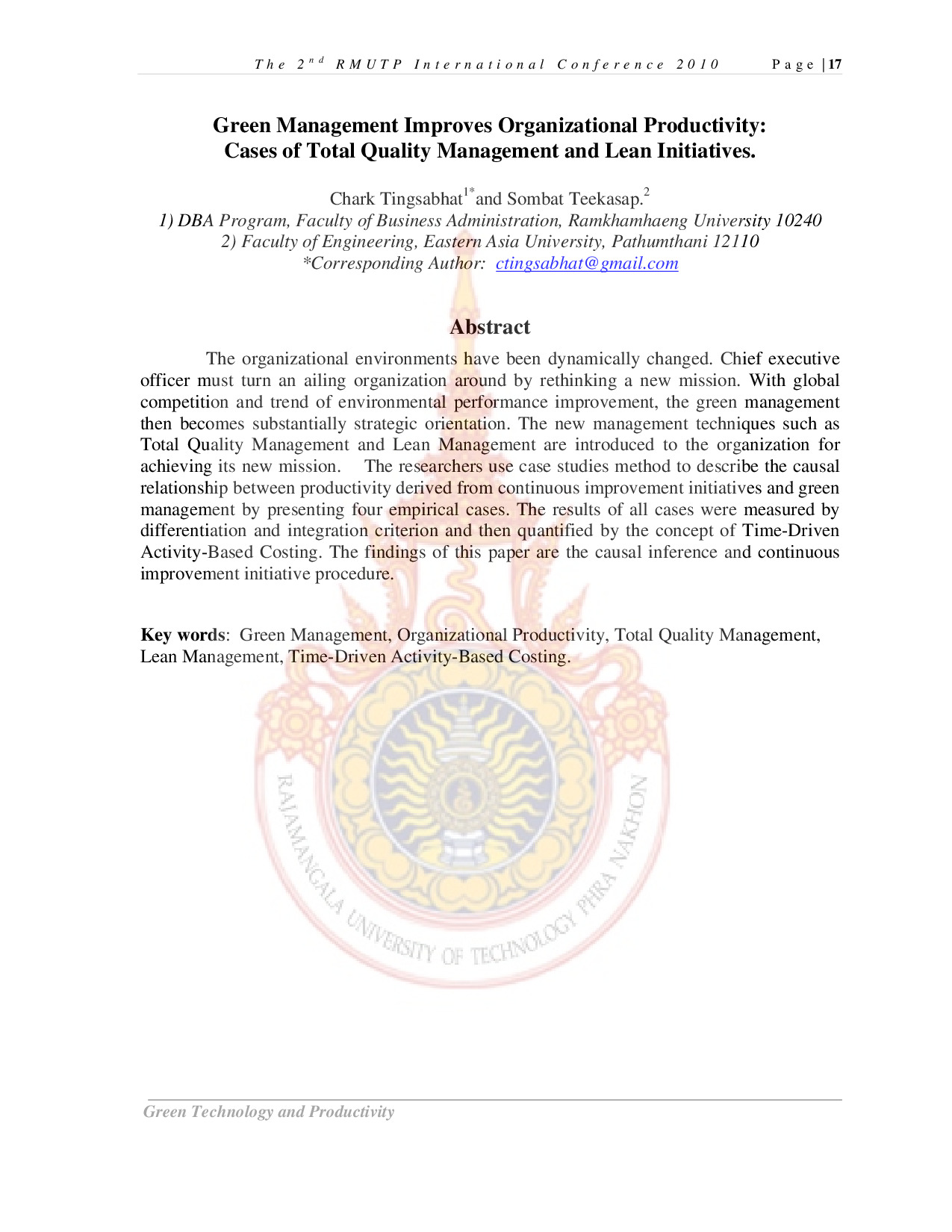 Green Management Improves Organizational Productivity:Cases of Total Quality Management and Lean Initiatives