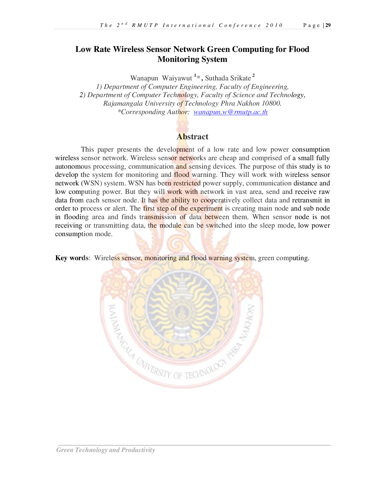 Low Rate Wireless Sensor Network Green Computing for Flood Monitoring System