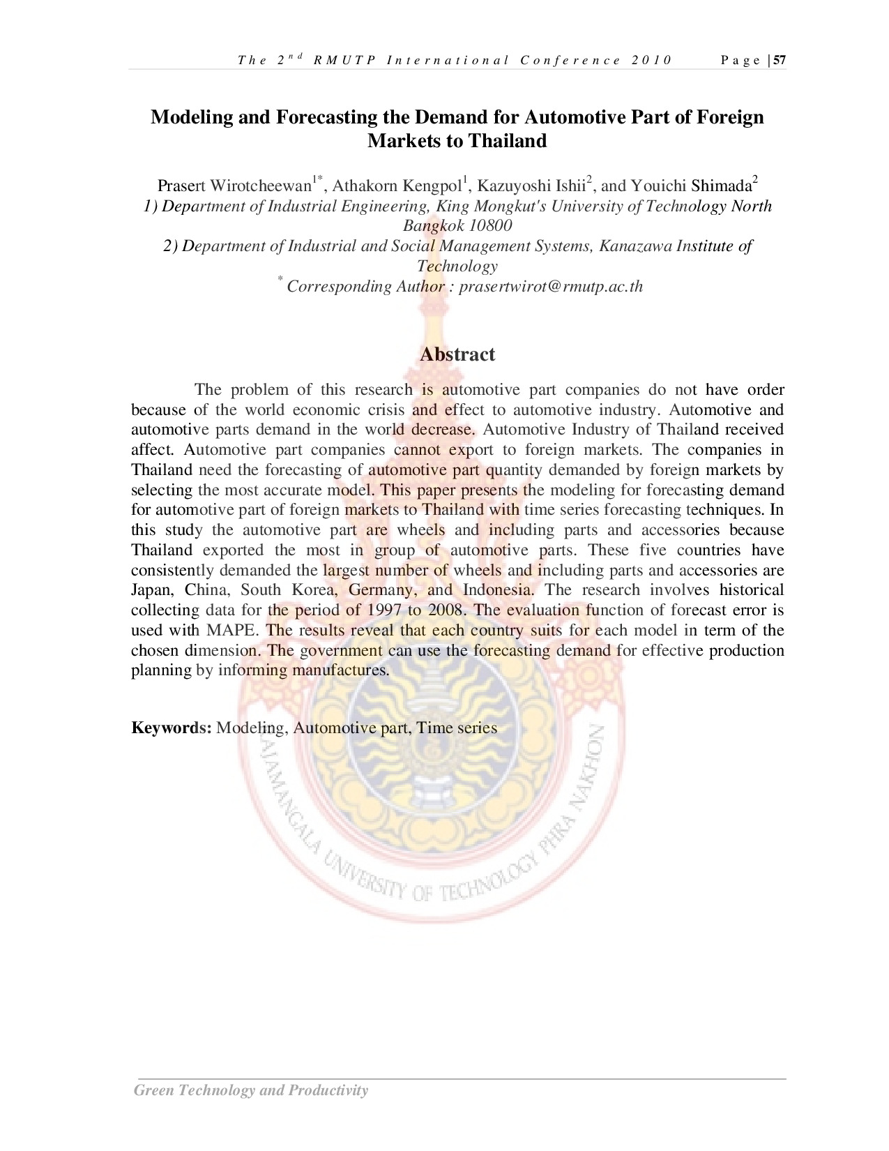 Modeling and Forecasting the Demand for Automotive Part of Foreign Markets to Thailand