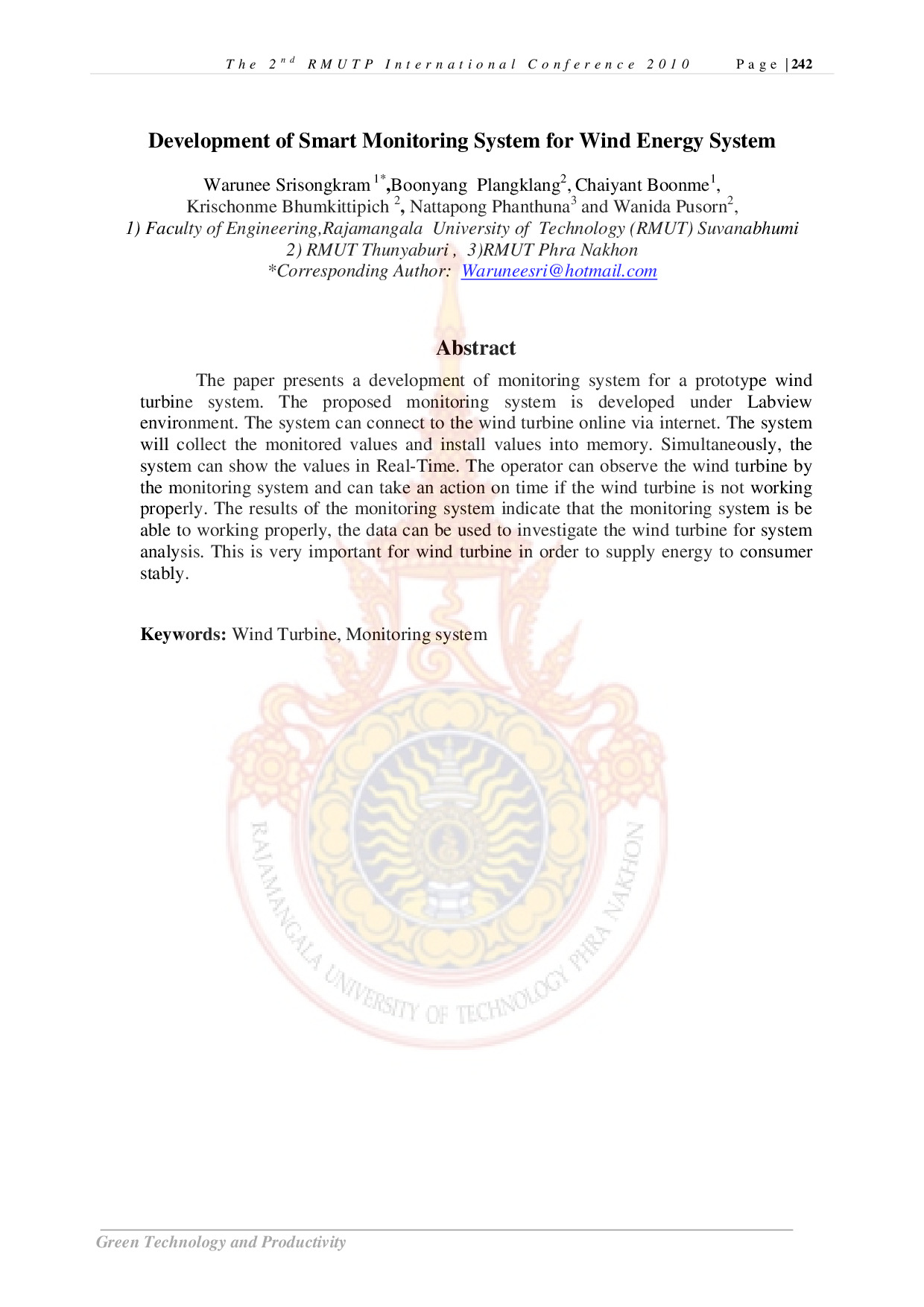 Development of Smart Monitoring System for Wind Energy System