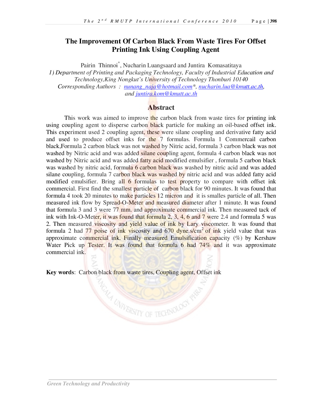 The Improvement Of Carbon Black From Waste Tires For Offset Printing Ink Using Coupling Agent
