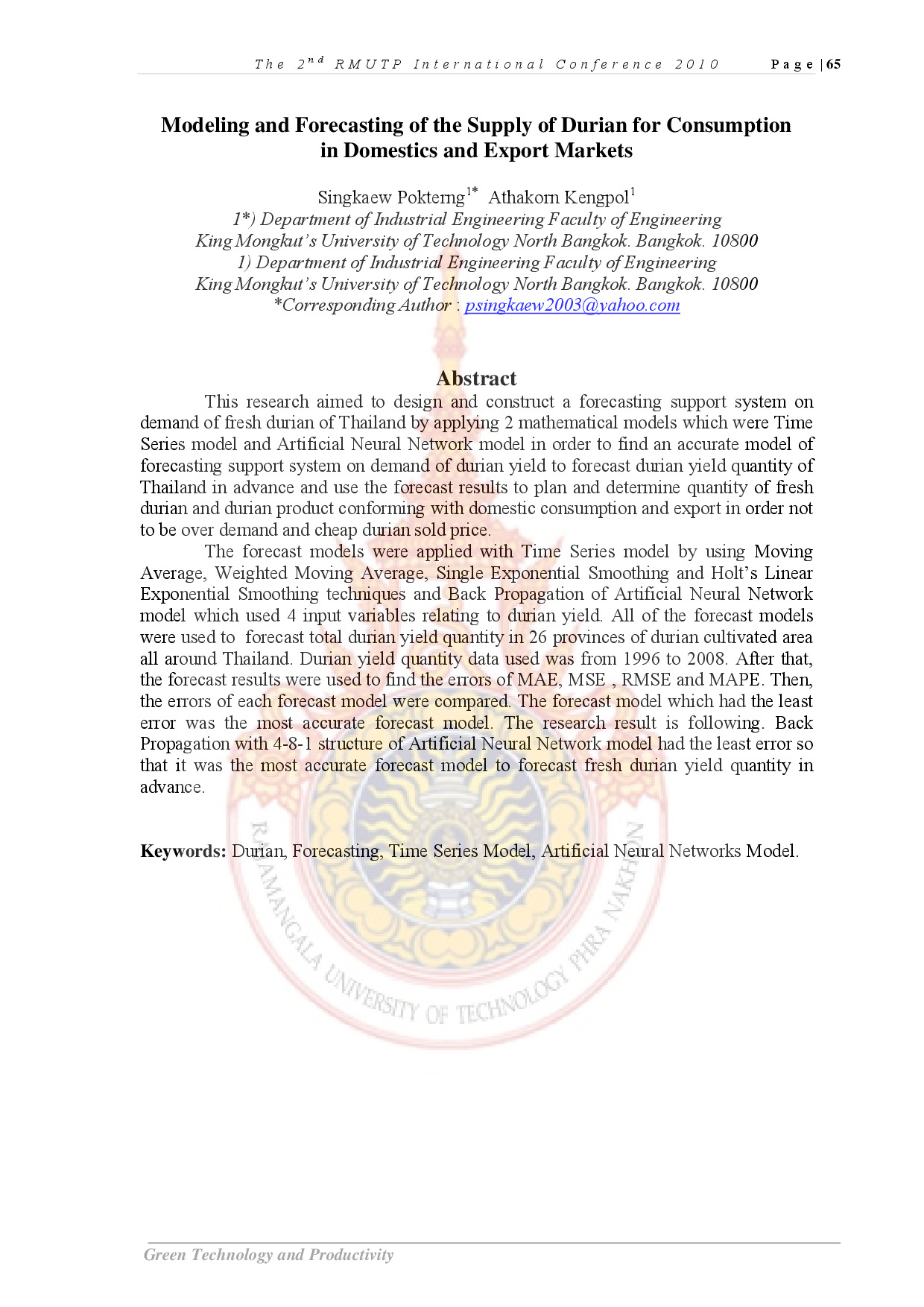 Modeling and Forecasting of the Supply of Durian for Consumption in Domestics and Export Markets