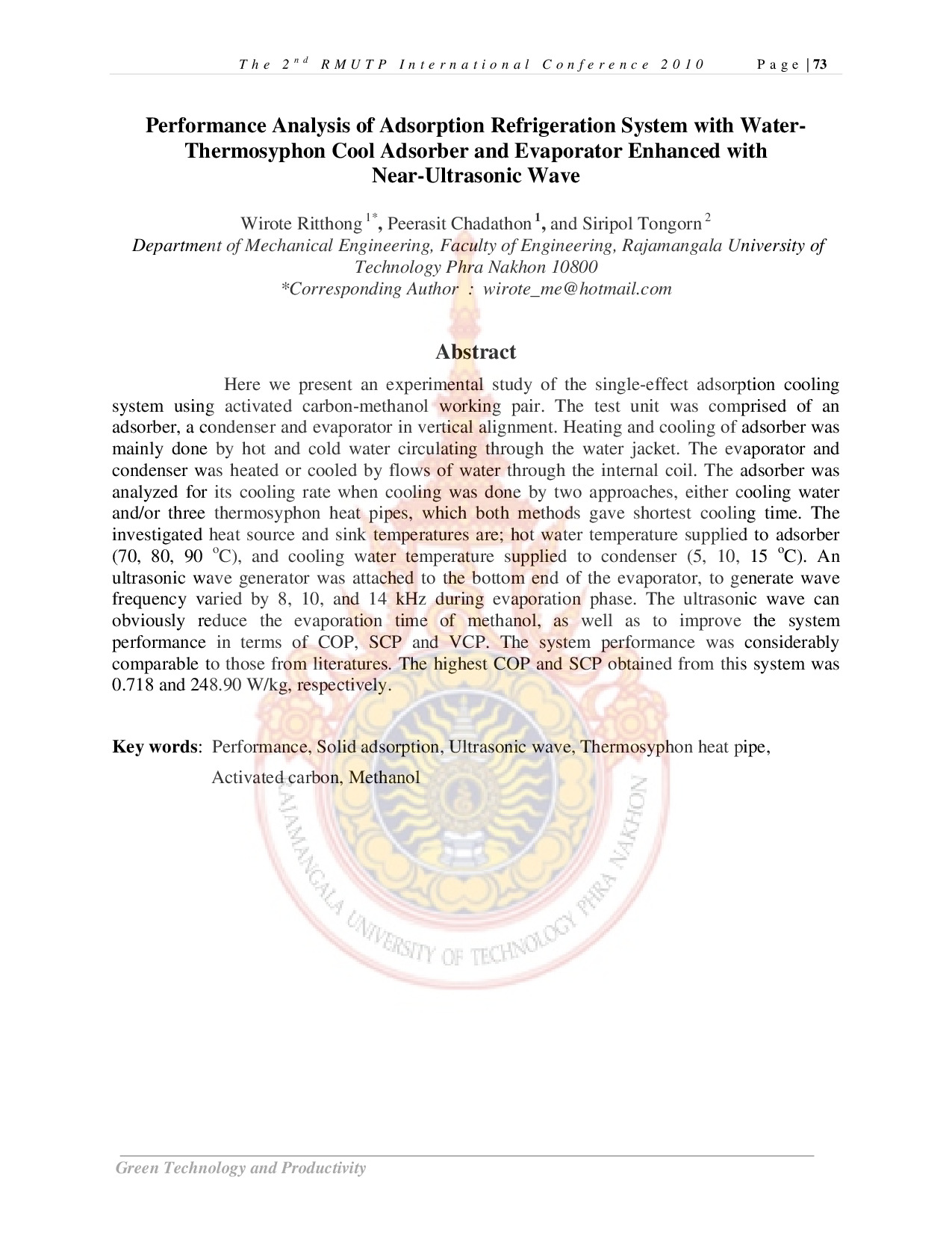 Performance Analysis of Adsorption Refrigeration System with Water-Thermosyphon Cool Adsorber and Evaporator Enhanced with Near-Ultrasonic Wave