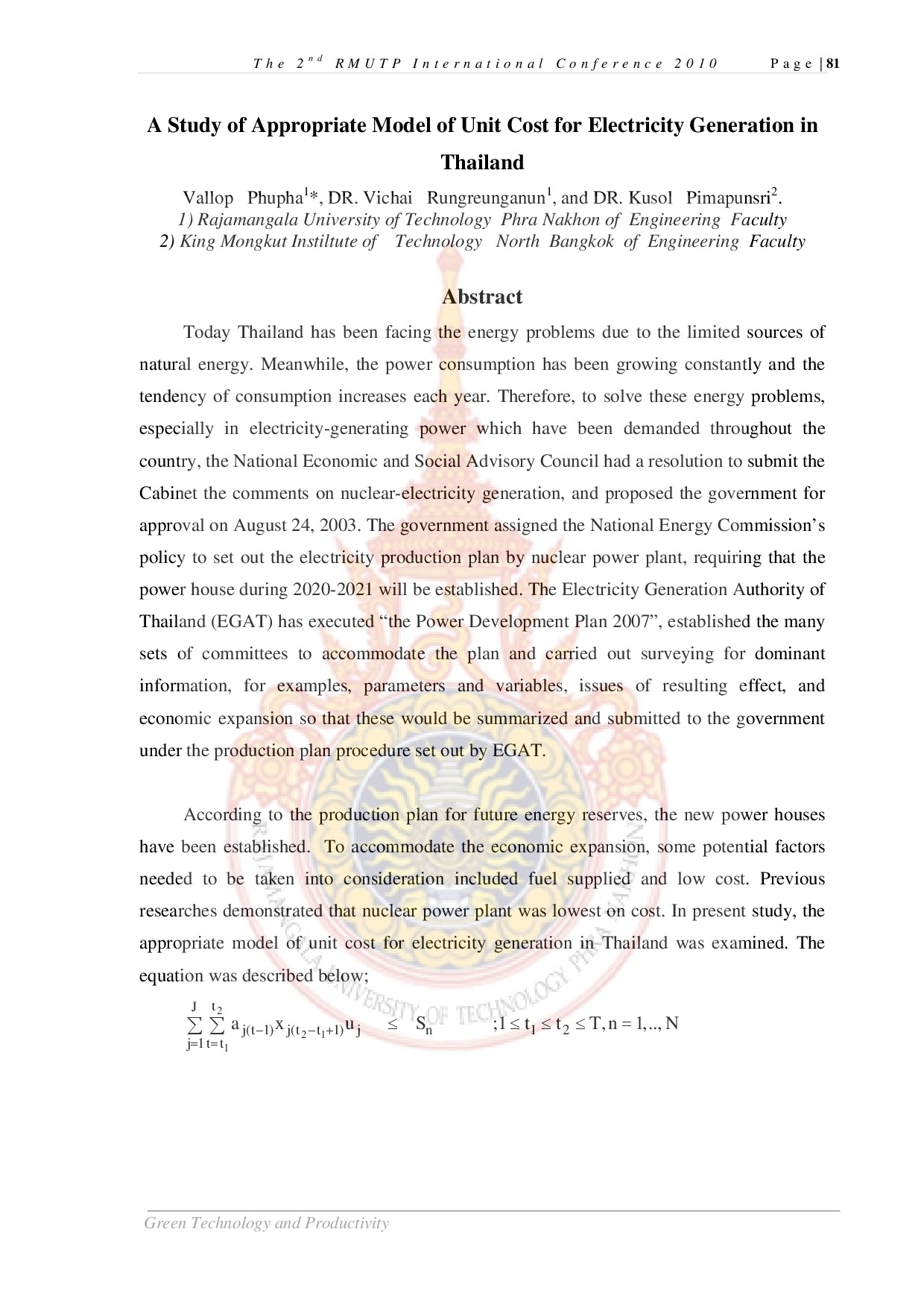A Study of Appropriate Model of Unit Cost for Electricity Generation in Thailand