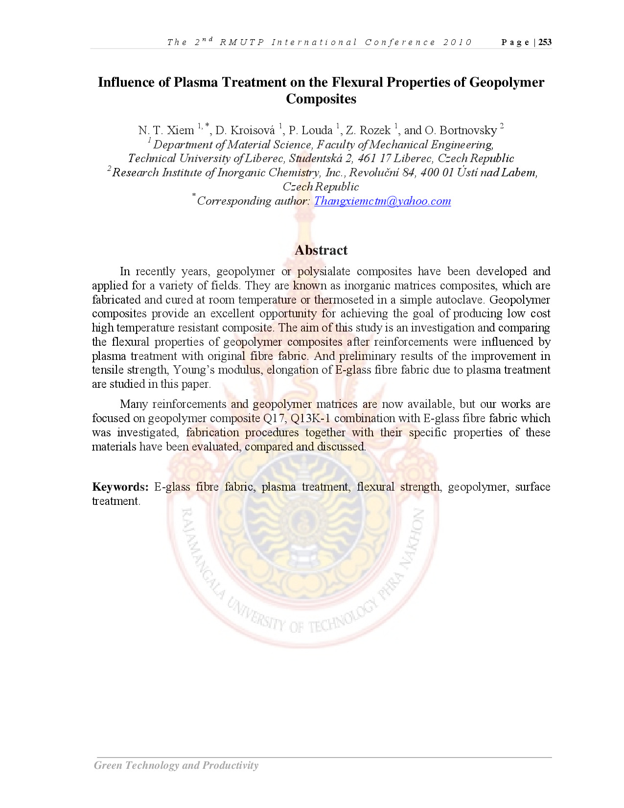 Influence of Plasma Treatment on the Flexural Properties of Geopolymer Composites