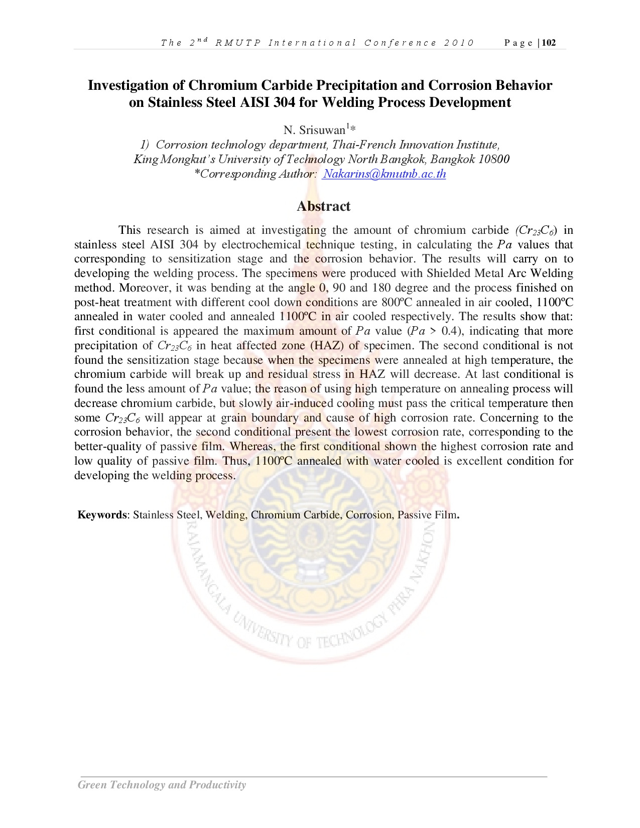 Investigation of Chromium Carbide Precipitation and Corrosion Behavior on Stainless Steel AISI 304 for Welding Process Development