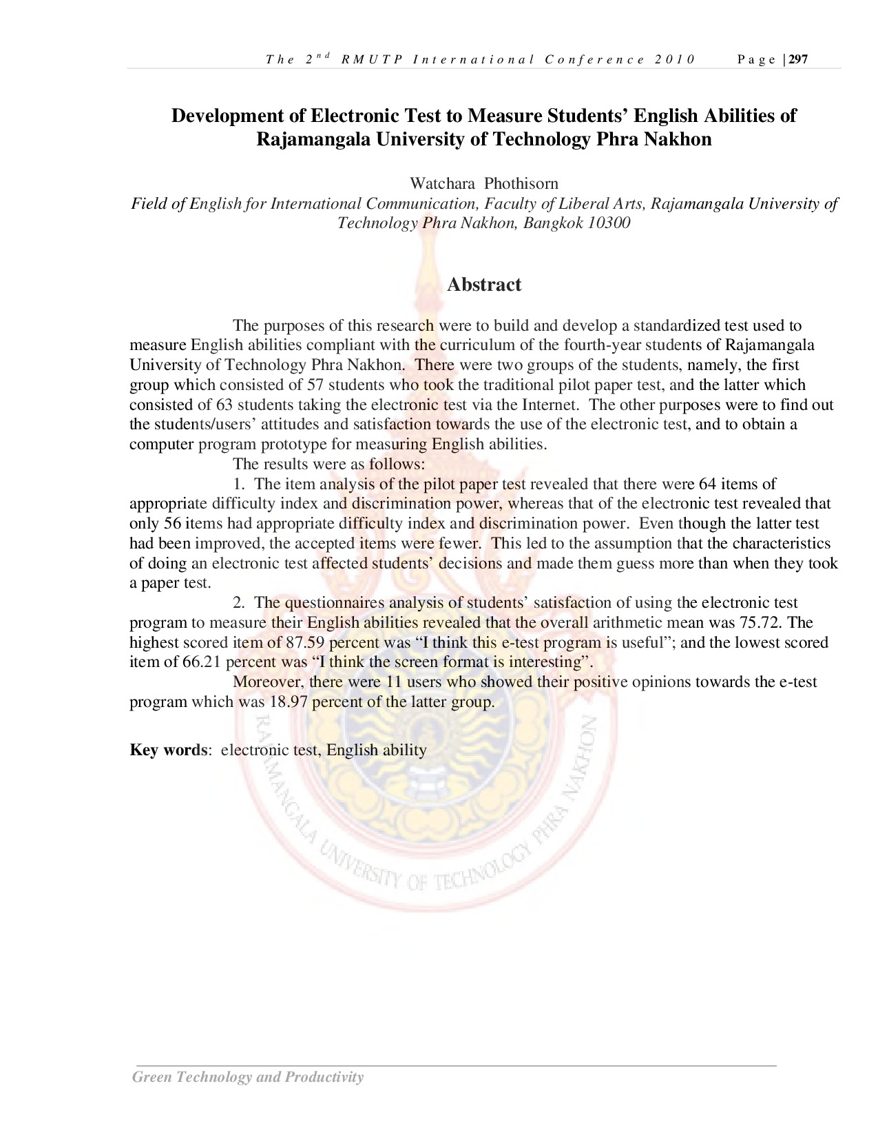 Development of Electronic Test to Measure Students’ English Abilities of Rajamangala University of Technology Phra Nakhon
