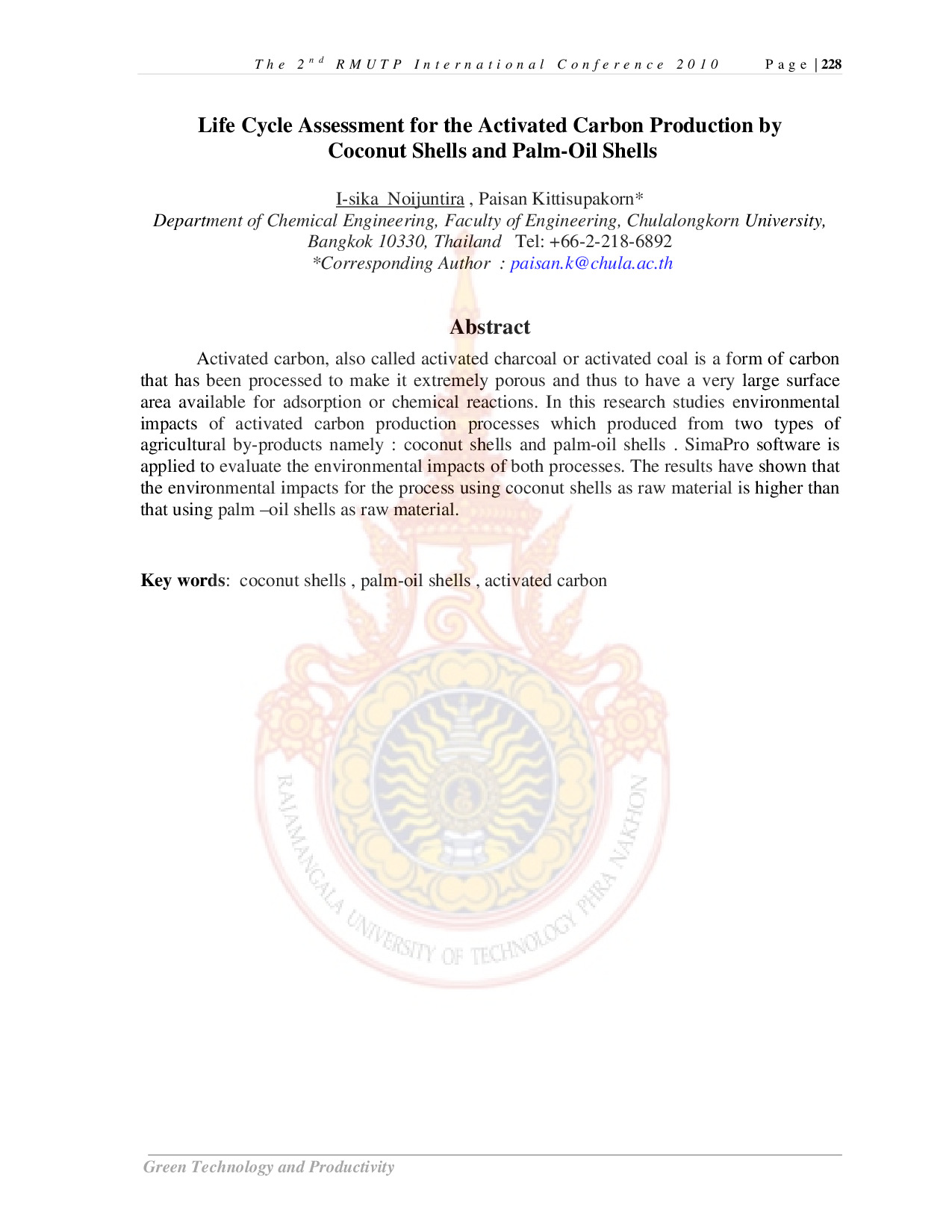 Life Cycle Assessment for the Activated Carbon Production by Coconut Shells and Palm-Oil Shells