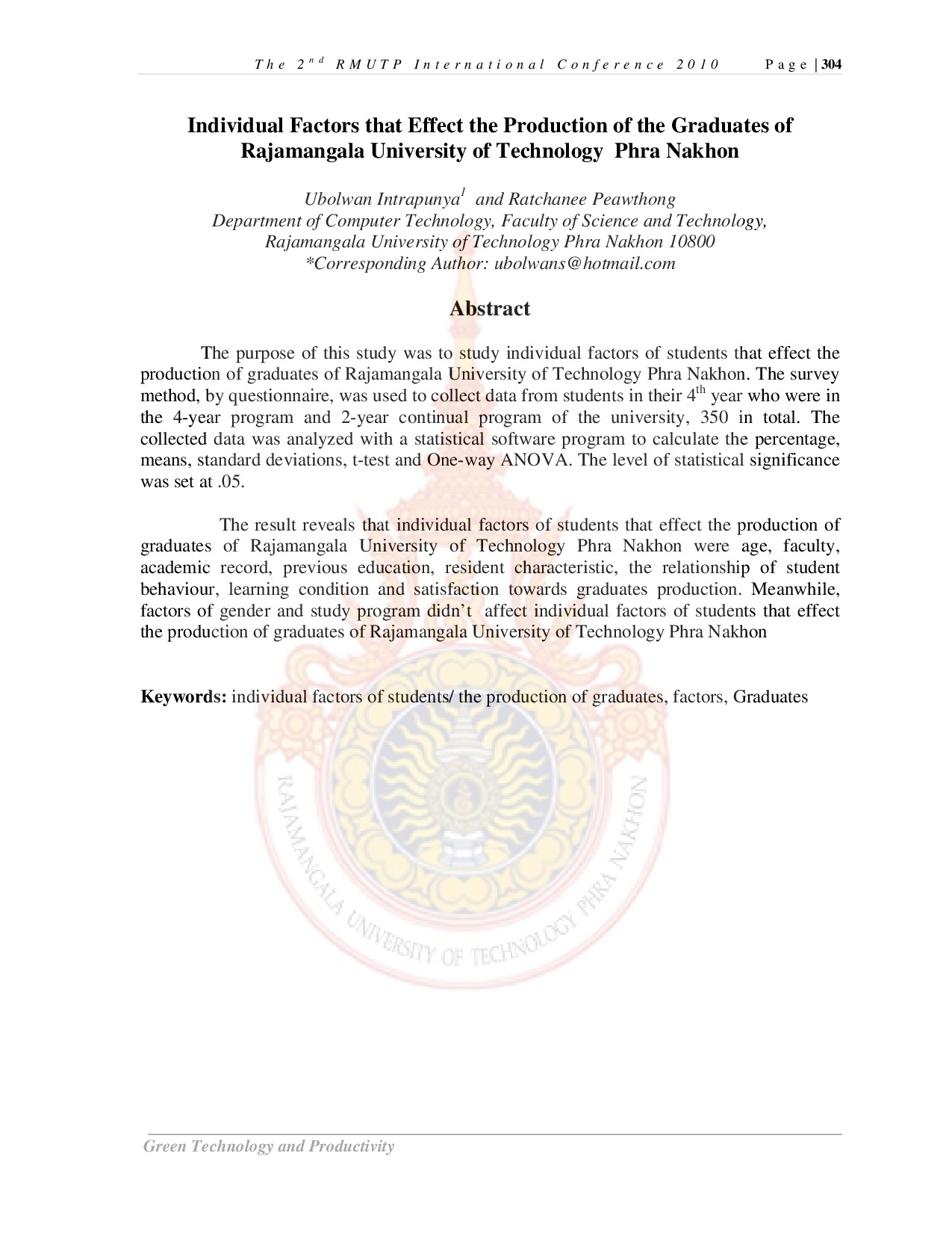 Individual Factors that Effect the Production of the Graduates of Rajamangala University of Technology Phra Nakhon