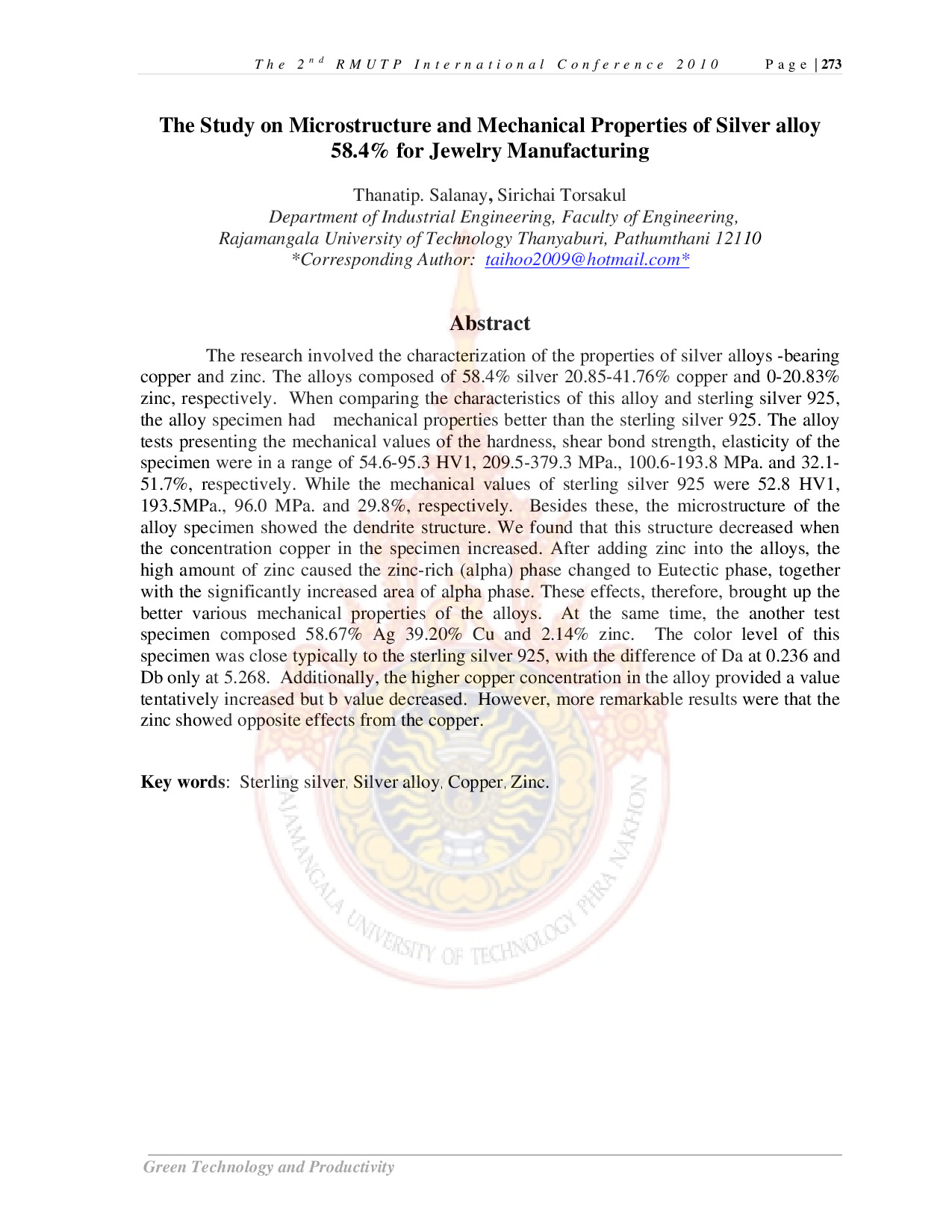 The Study on Microstructure and Mechanical Properties of Silver alloy 58.4% for Jewelry Manufacturing