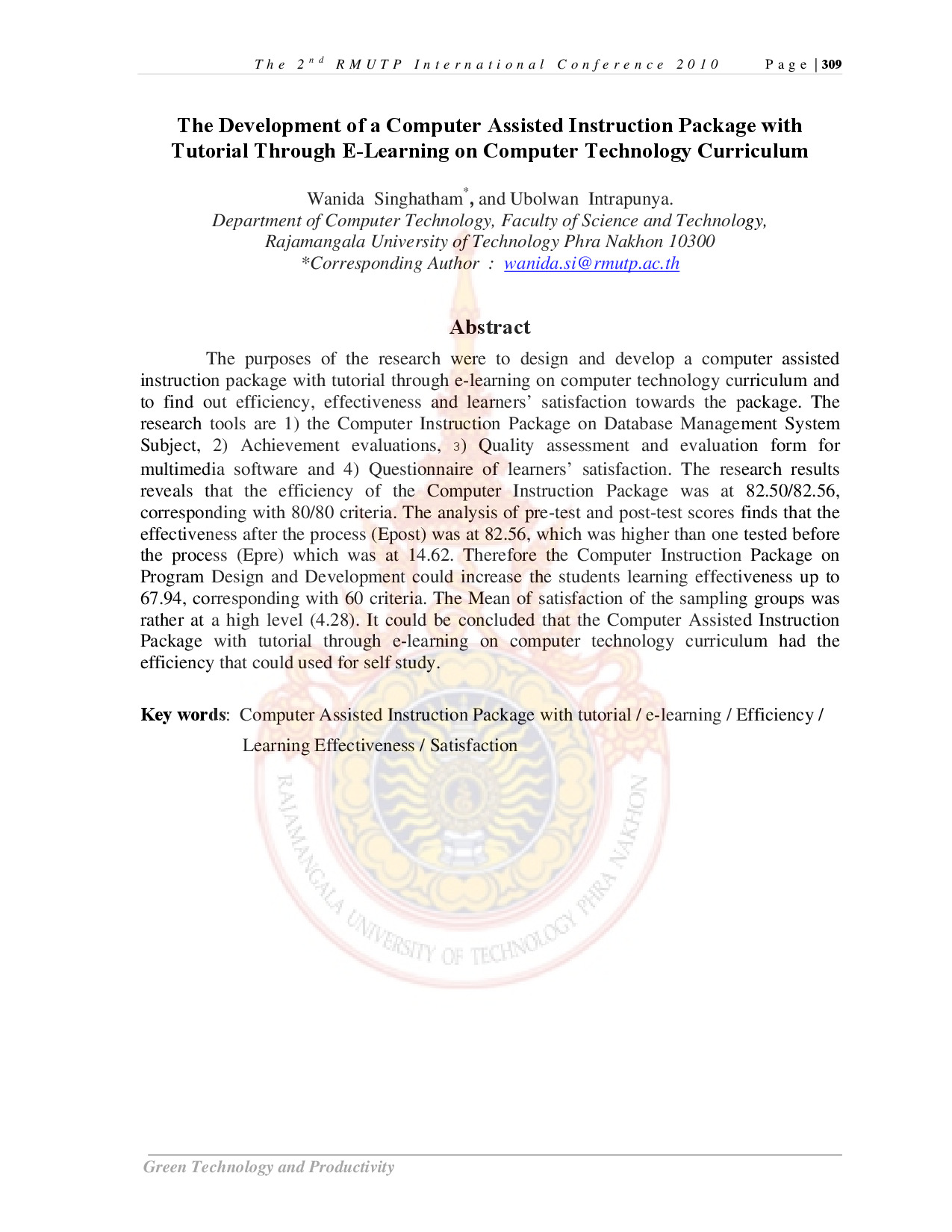 The Development of a Computer Assisted Instruction Package with Tutorial Through E-Learning on Computer Technology Curriculum
