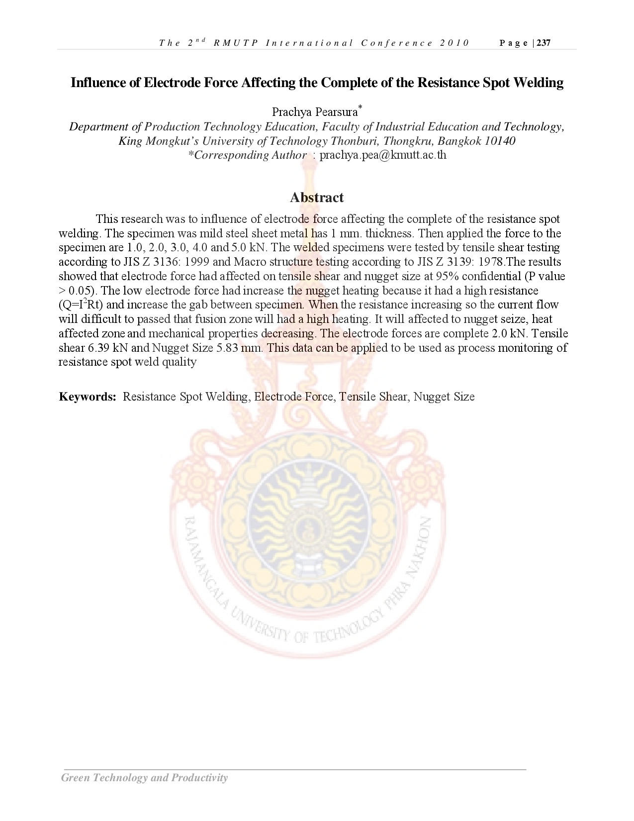 Influence of Electrode Force Affecting the Complete of the Resistance Spot Welding