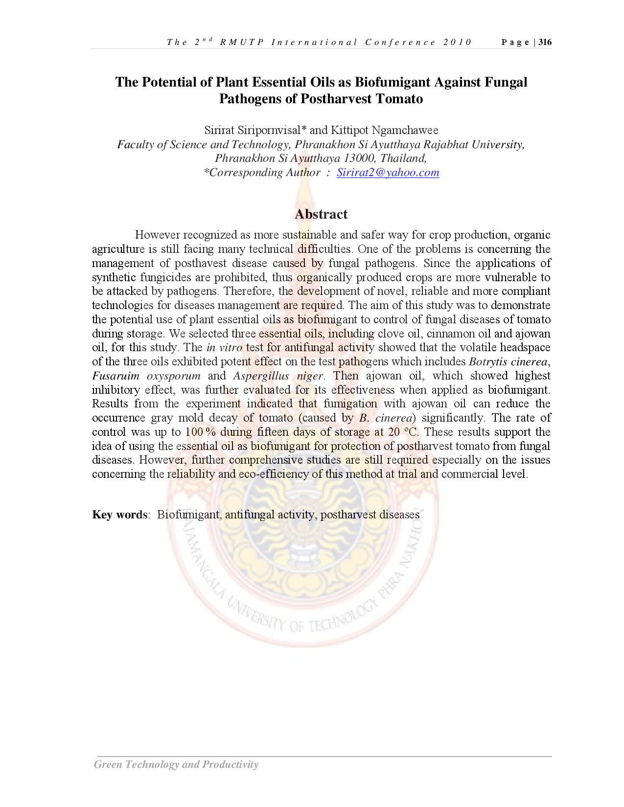 The Potential of Plant Essential Oils as Biofumigant Agains Fungal Pathogens of Postharvest Tomato