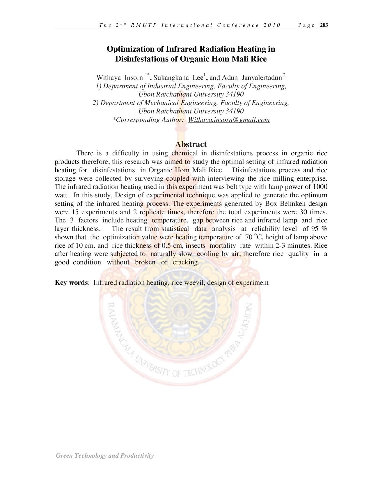 Optimization of Infrared Radiation Heating in Disinfestations of Organic Hom Mali Rice