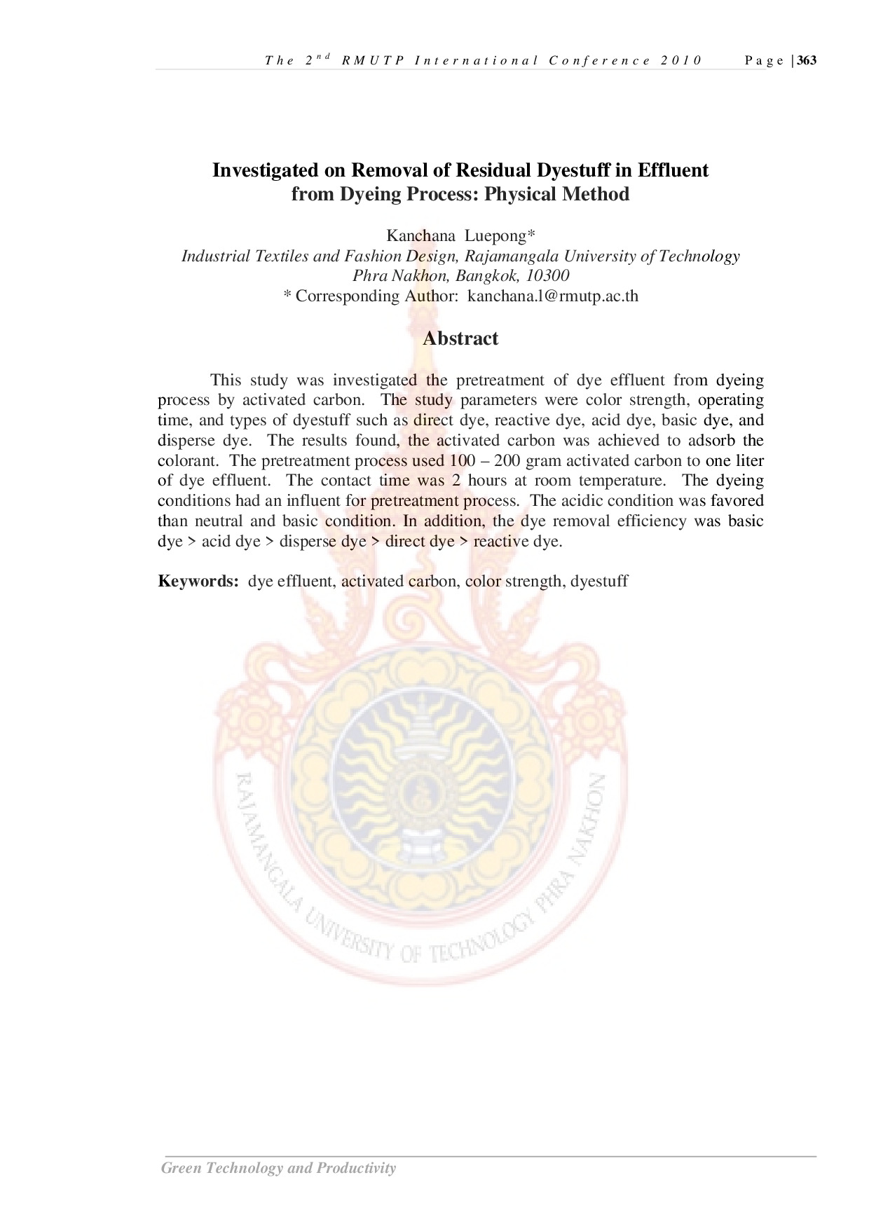 Investigated on Removal of Residual Dyestuff in Effluent from Dyeing Process: Physical Method