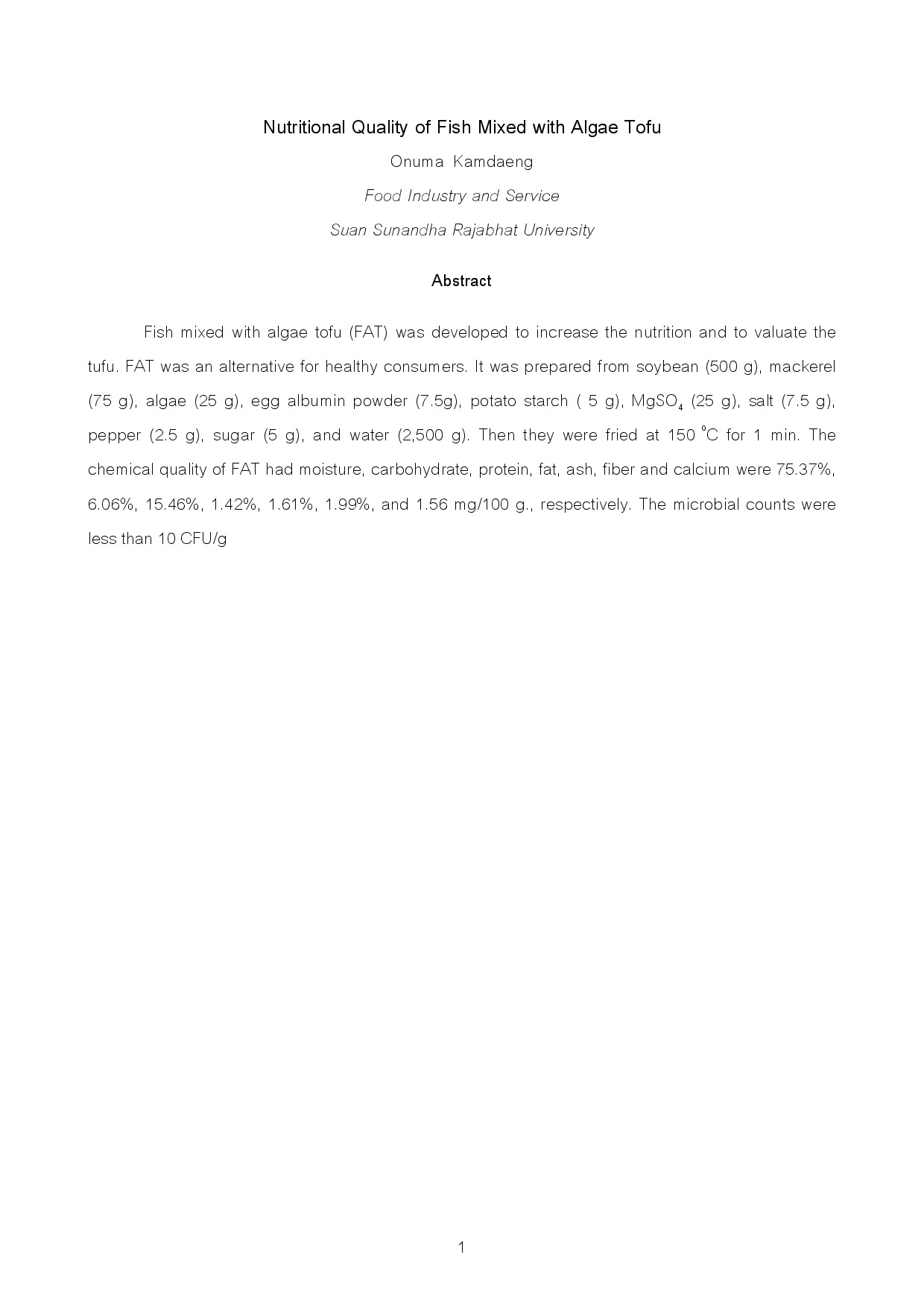 Nutritional Quality of Fish Mixed with Algae Tofu