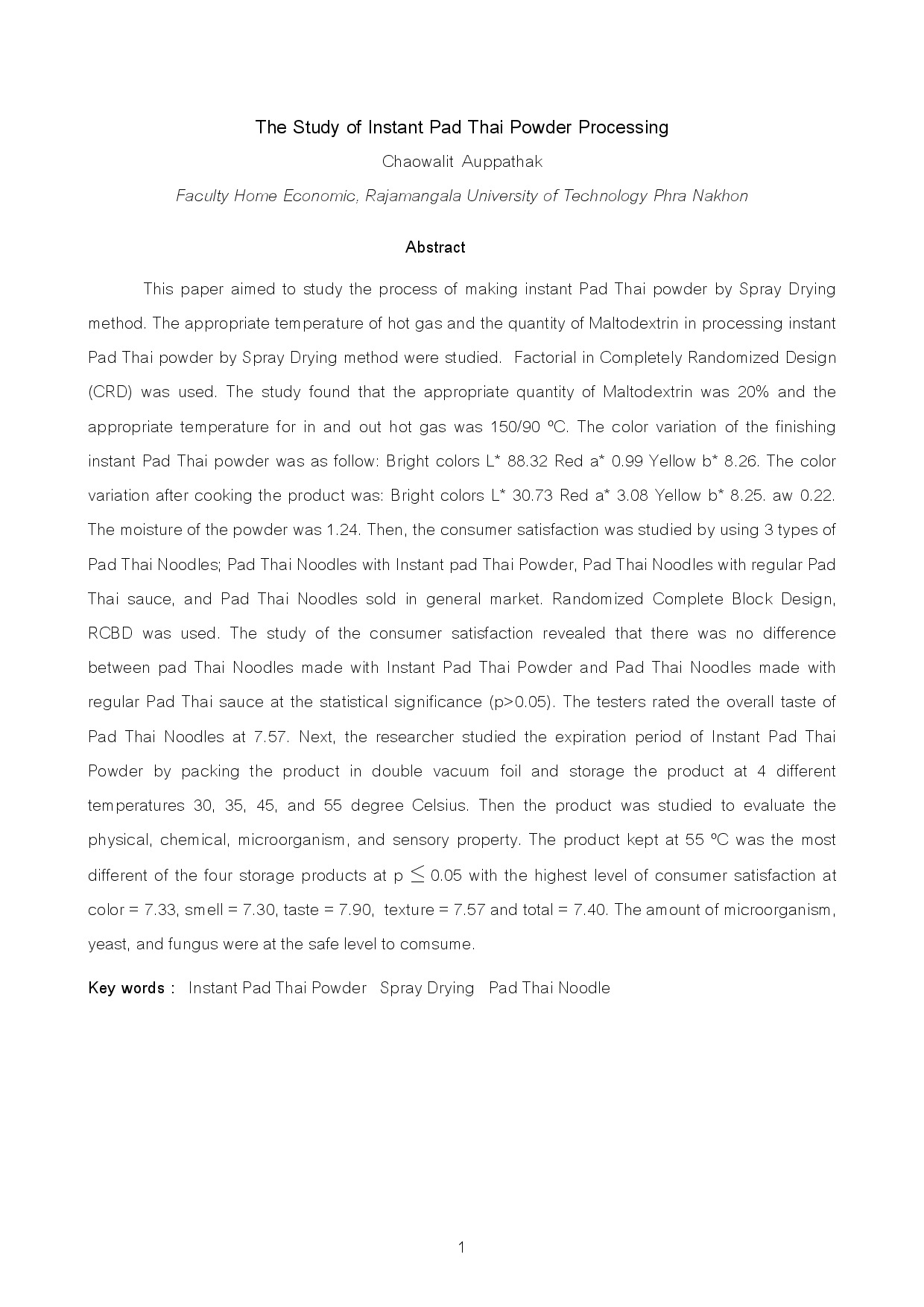 The Study of Instant Pad Thai Powder Processing