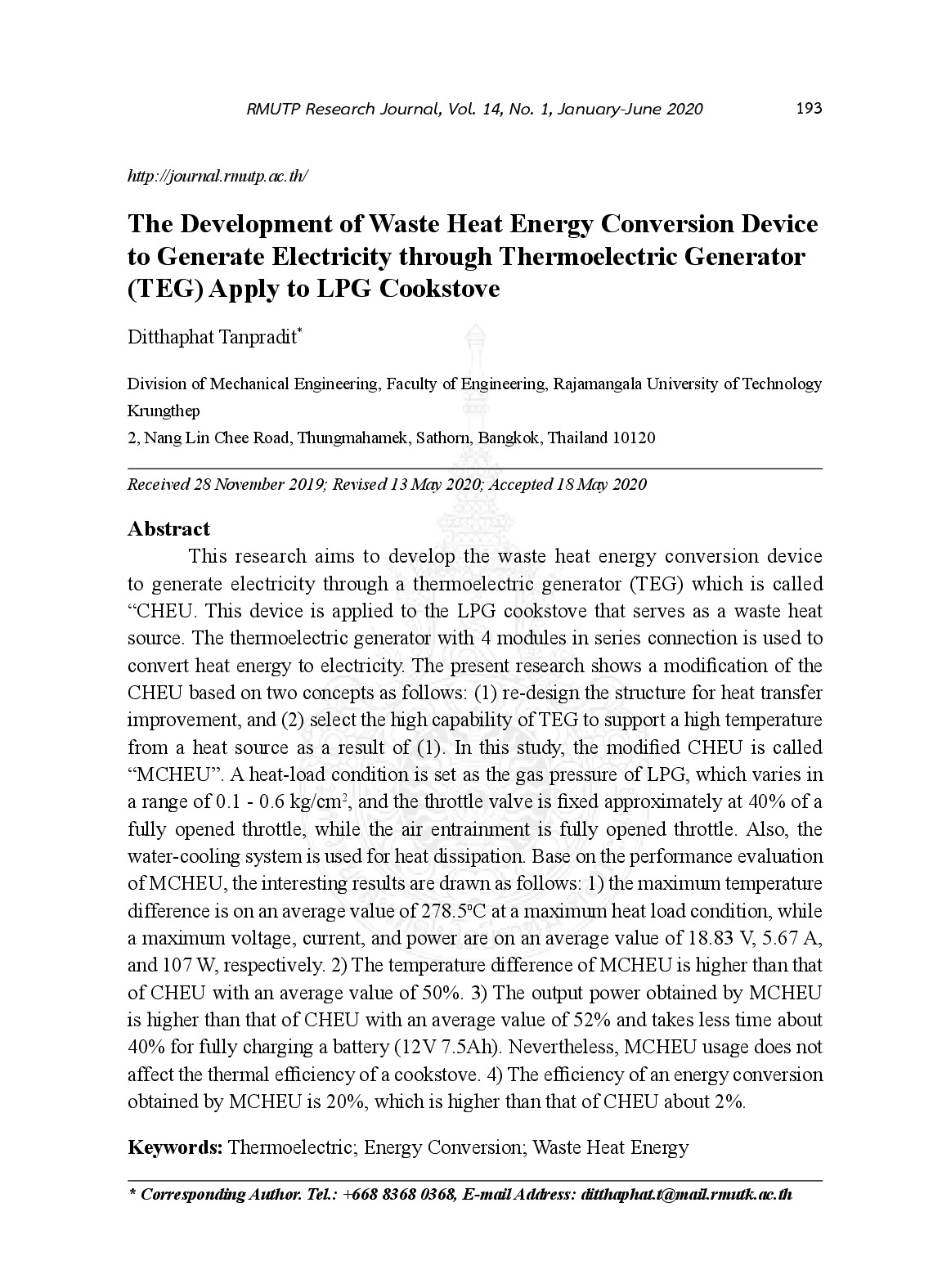 The development of waste heat energy conversion device to generate electricity through hermoelectric generator (TEG) apply to LPG cookstove