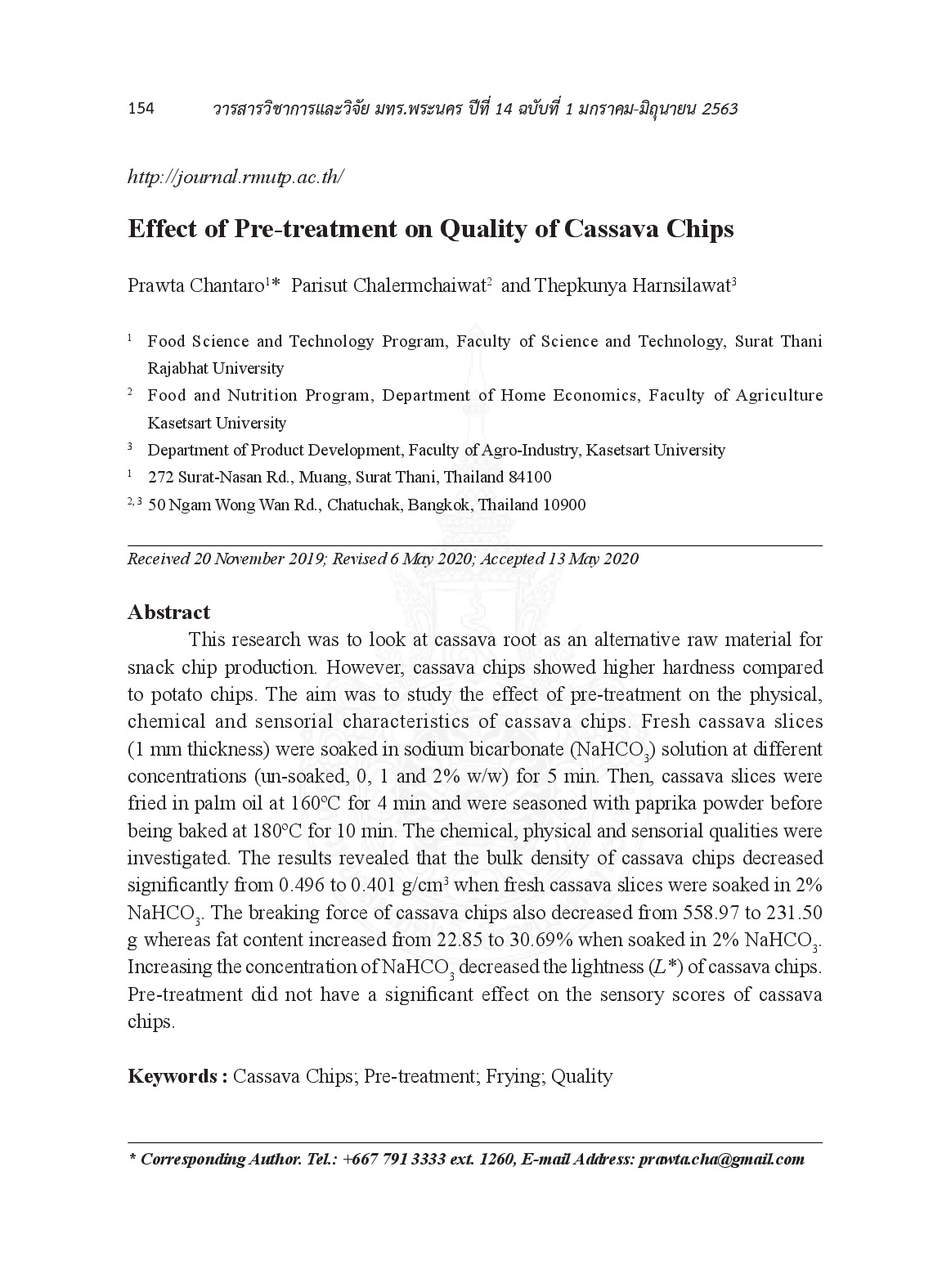 Effect of pre-treatment on quality of cassava chips