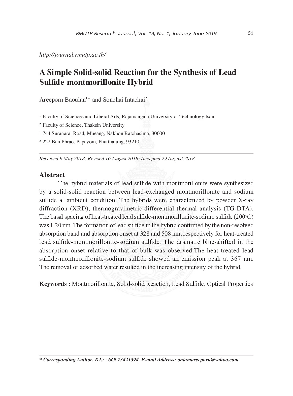 A simple solid-solid reaction for the synthesis of lead sulfide-montmorillonite hybrid