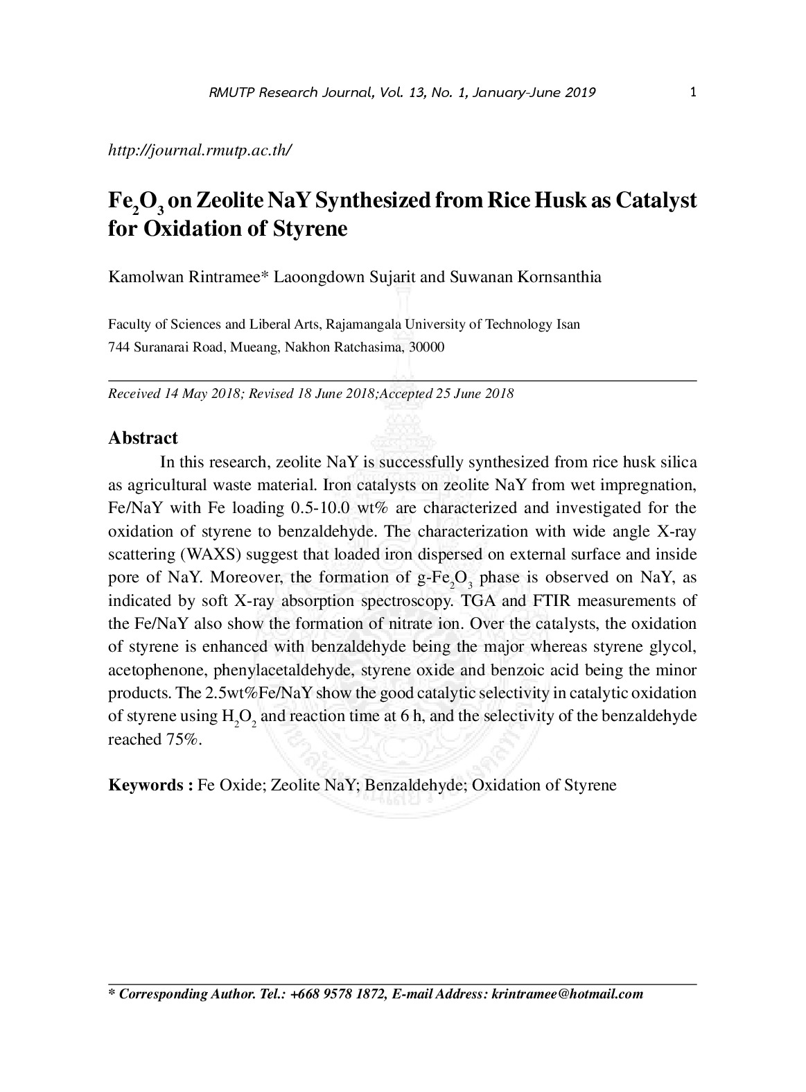 Fe2o3 on zeolite nay synthesized from rice husk as catalyst for oxidation of styrene