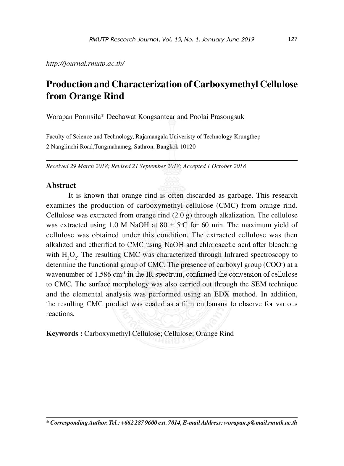 Production and characterization of carboxymethyl cellulose from orange rind