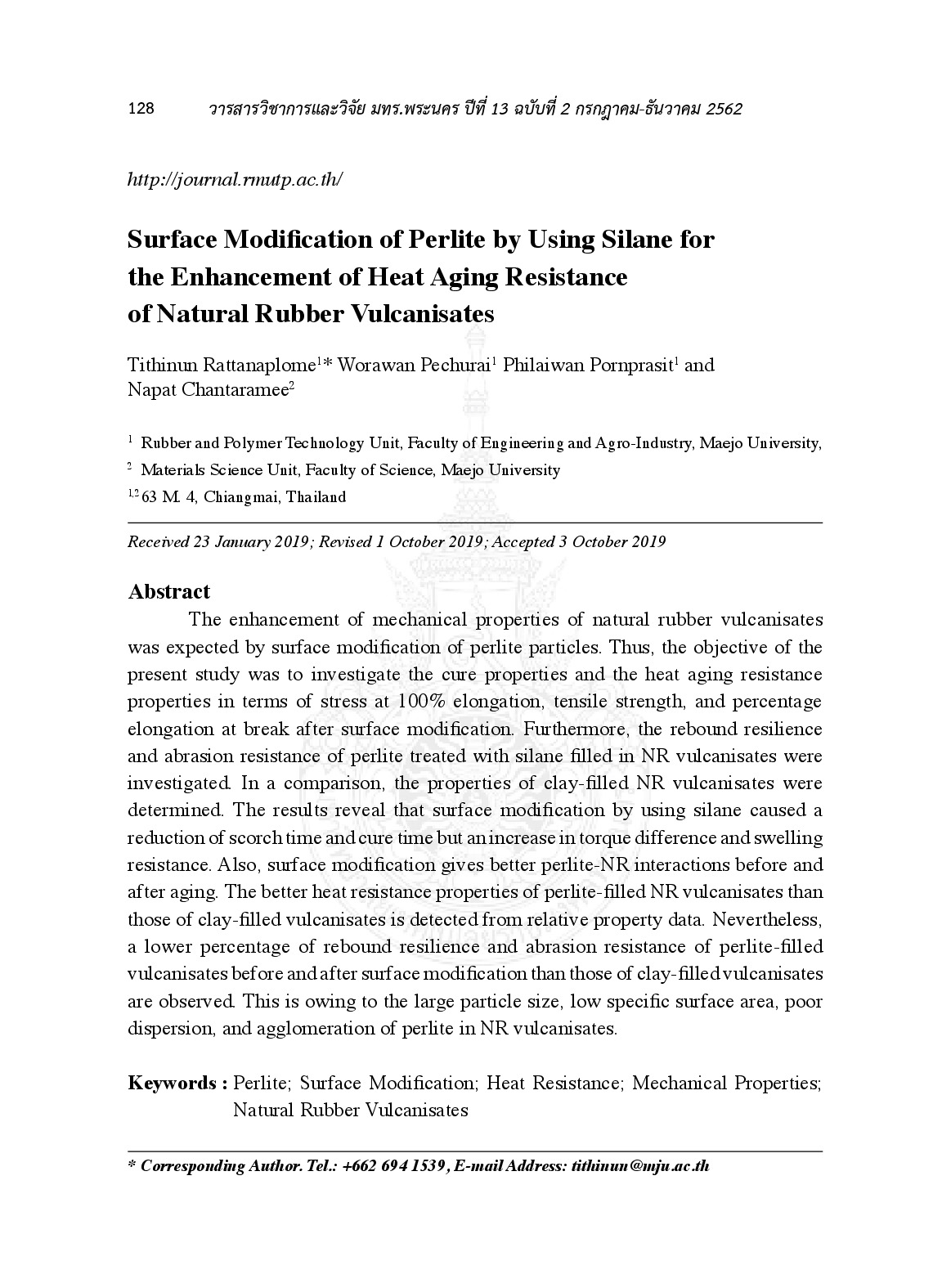 Surface modification of perlite by using silane for the enhancement of heat aging resistance of natural rubber vulcanisates