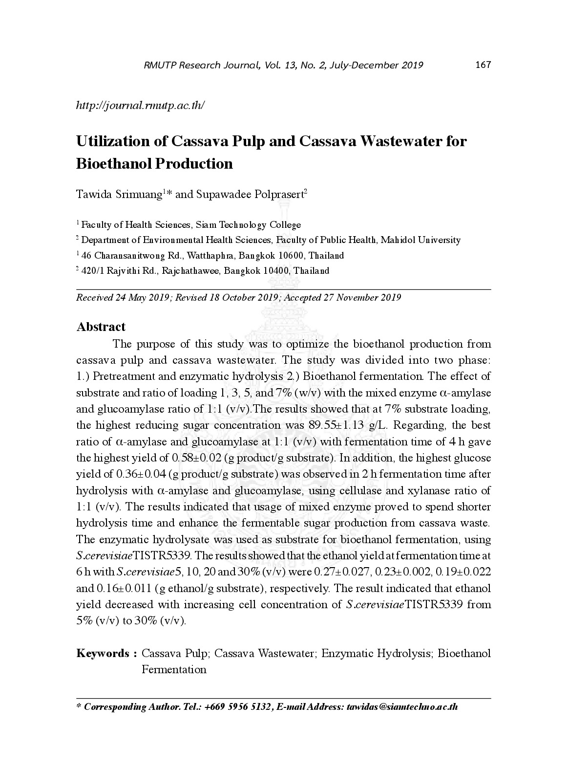 Utilization of cassava pulp and cassava wastewater for bioethanol production