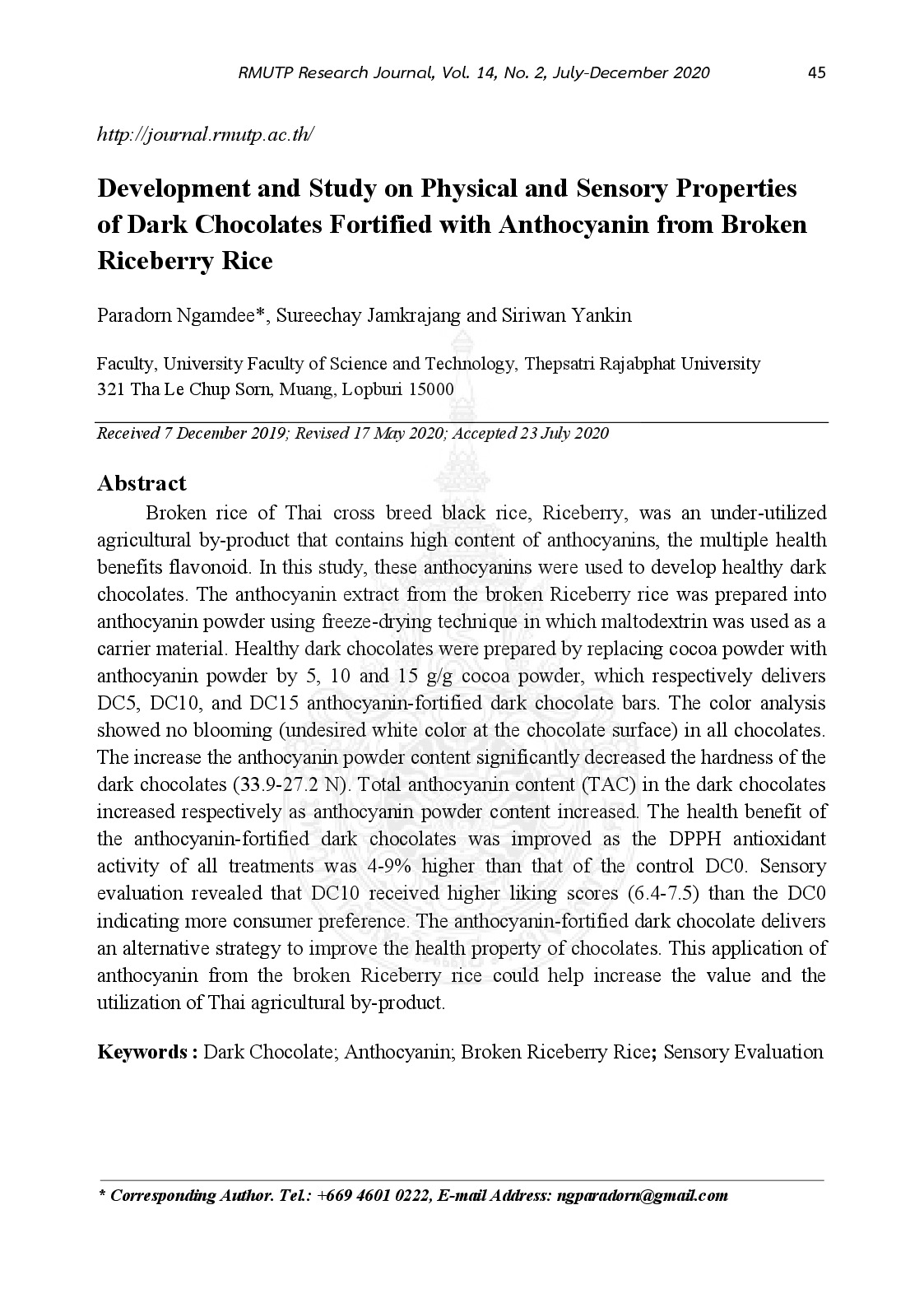 Development and study on physical and sensory properties of dark chocolates fortified with anthocyanin from broken riceberry rice