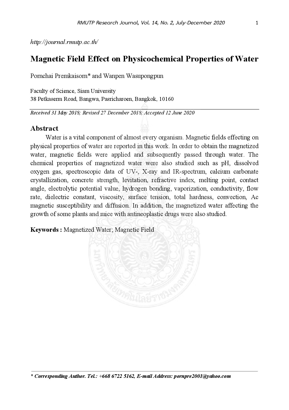 Magnetic field effect on physicochemical properties of water