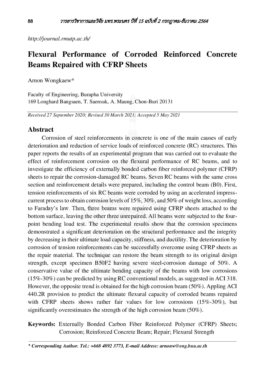 Flexural performance of corroded reinforced concrete beams repaired with CFRP sheets