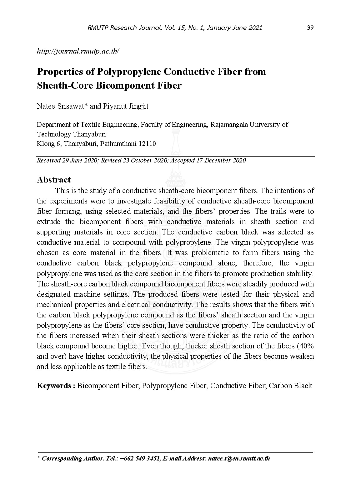 Properties of polypropylene conductive fiber from sheath-core  bicomponent fiber