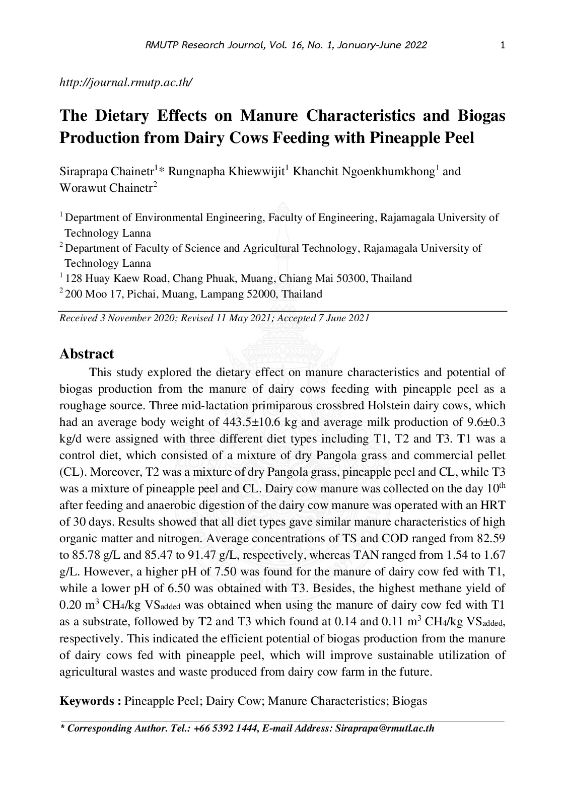 The Dietary effects on manure characteristics and biogas production from dairy cows feeding with pineapple peel